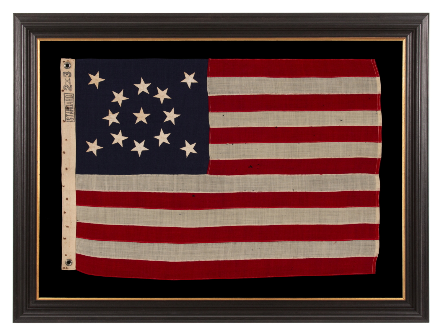 13 STAR ANTIQUE AMERICAN FLAG WITH A MEDALLION CONFIGURATION OF STARS; A SMALL-SCALE EXAMPLE, MADE circa 1895-1926