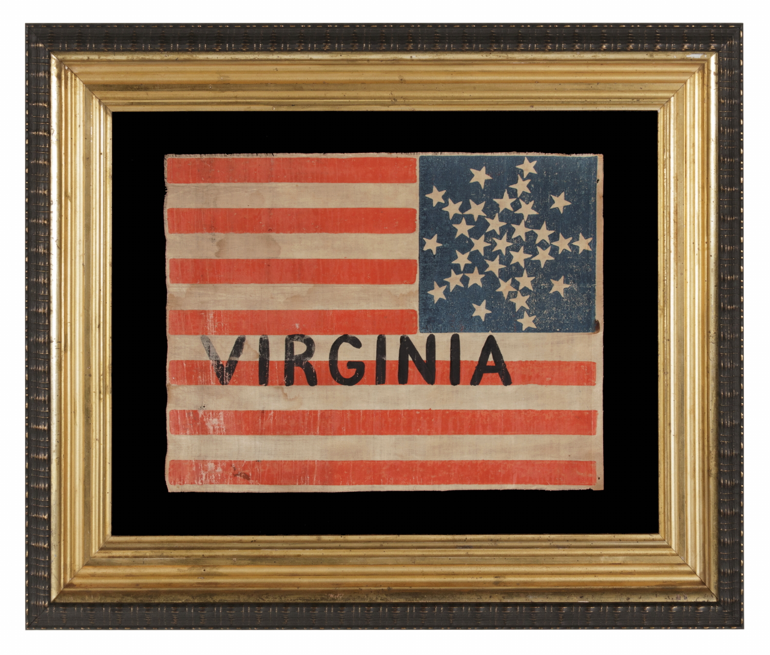 31 STARS ARRANGED IN A RARE VARIATION OF THE “GREAT STAR” PATTERN, WITH THE WORD "VIRGINIA" PAINTED IN THE STRIPES, A PRE-CIVIL WAR FLAG, CALIFORNIA STATEHOOD, 1850-1858, PART OF A SERIES OF THESE FLAGS, THOUGHT TO HAVE BEEN USED AT THE WIGWAM CONVENTION (THE 1860 REPUBLICAN NATIONAL CONVENTION) IN CHICAGO