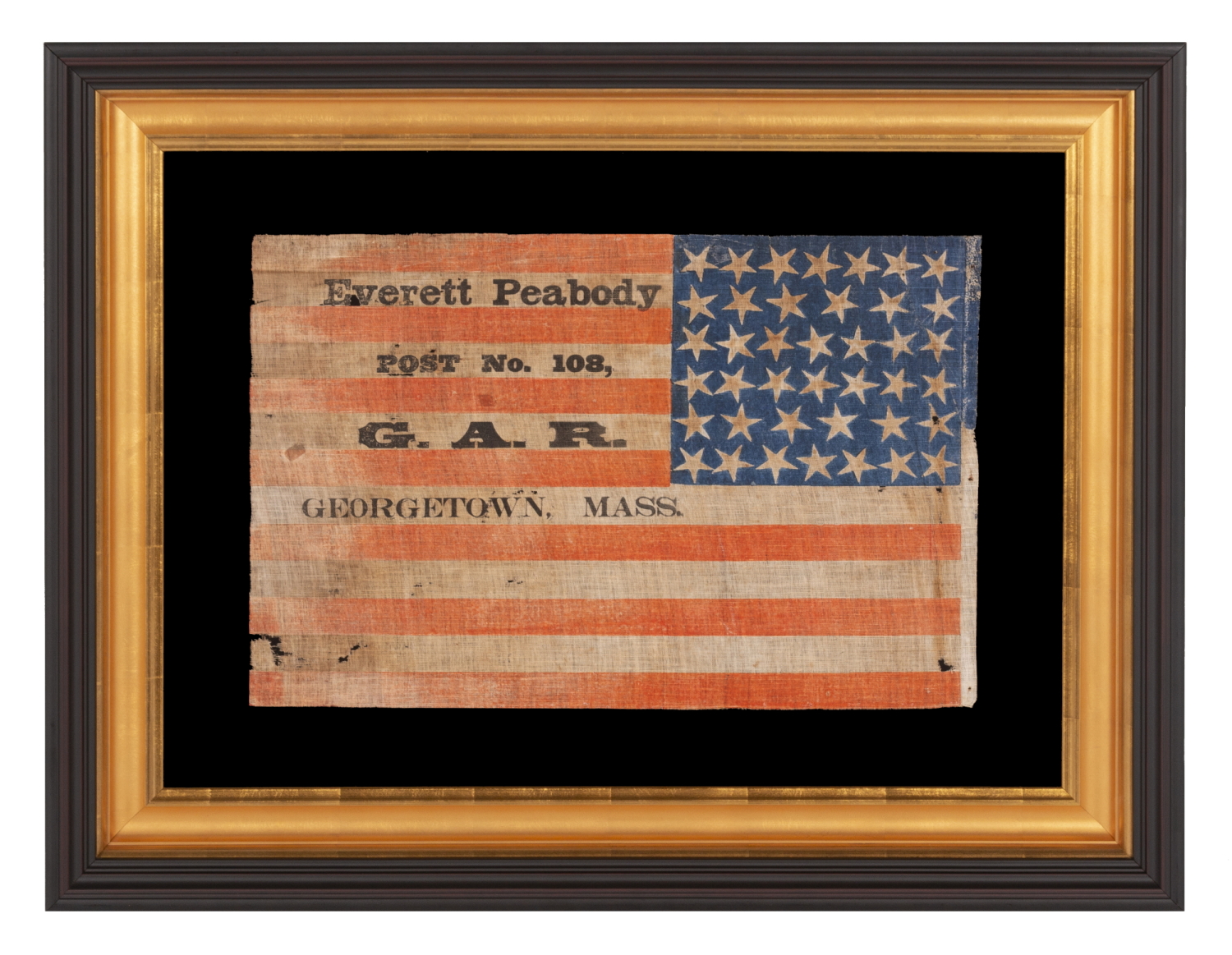 40 STAR ANTIQUE AMERICAN FLAG, AN EXTREMELY RARE COUNT REFLECTING THE ADDITION OF SOUTH & NORTH DAKOTA ON NOVEMBER 2ND, 1889, ACCURATE FOR JUST 6 DAYS; WITH OVERPRINTED ADVERTISING FOR A CIVIL WAR VERTERN’S UNIT IN GEORGETOWN, MASSACHUSETTS; ILLUSTRATED IN “THE STARS & STRIPES: FABRIC OF THE AMERICAN SPIRIT” by RICHARD PIERCE (2005); EXHIBITED AT THE MUSEUM OF THE AMERICAN REVOLUTION FROM JUNE – SEPTEMBER, 2021