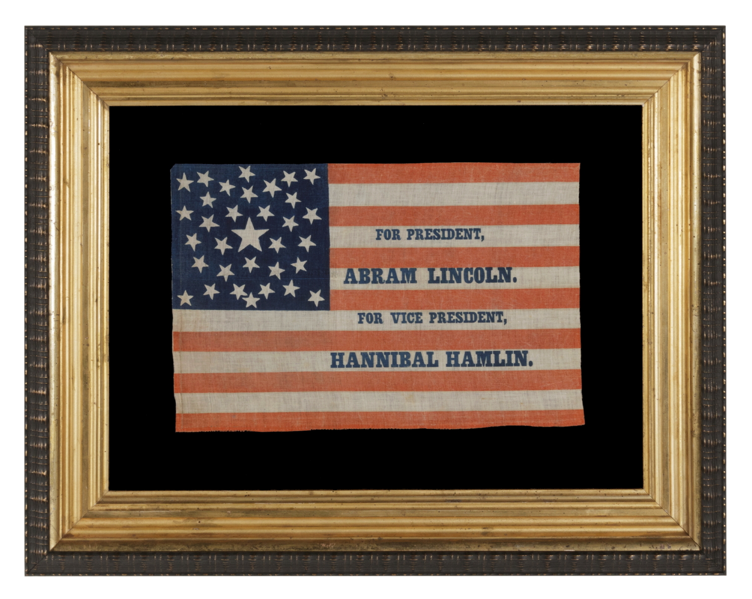 1860 ABRAHAM LINCOLN CAMPAIGN PARADE FLAG WITH 33 STARS IN A PENTAGON MEDALLION AND AN INTRIGUING ABBREVIATION OF HIS NAME, ATTRIBUTED TO H.C. HOWARD OF PHILADELPHIA