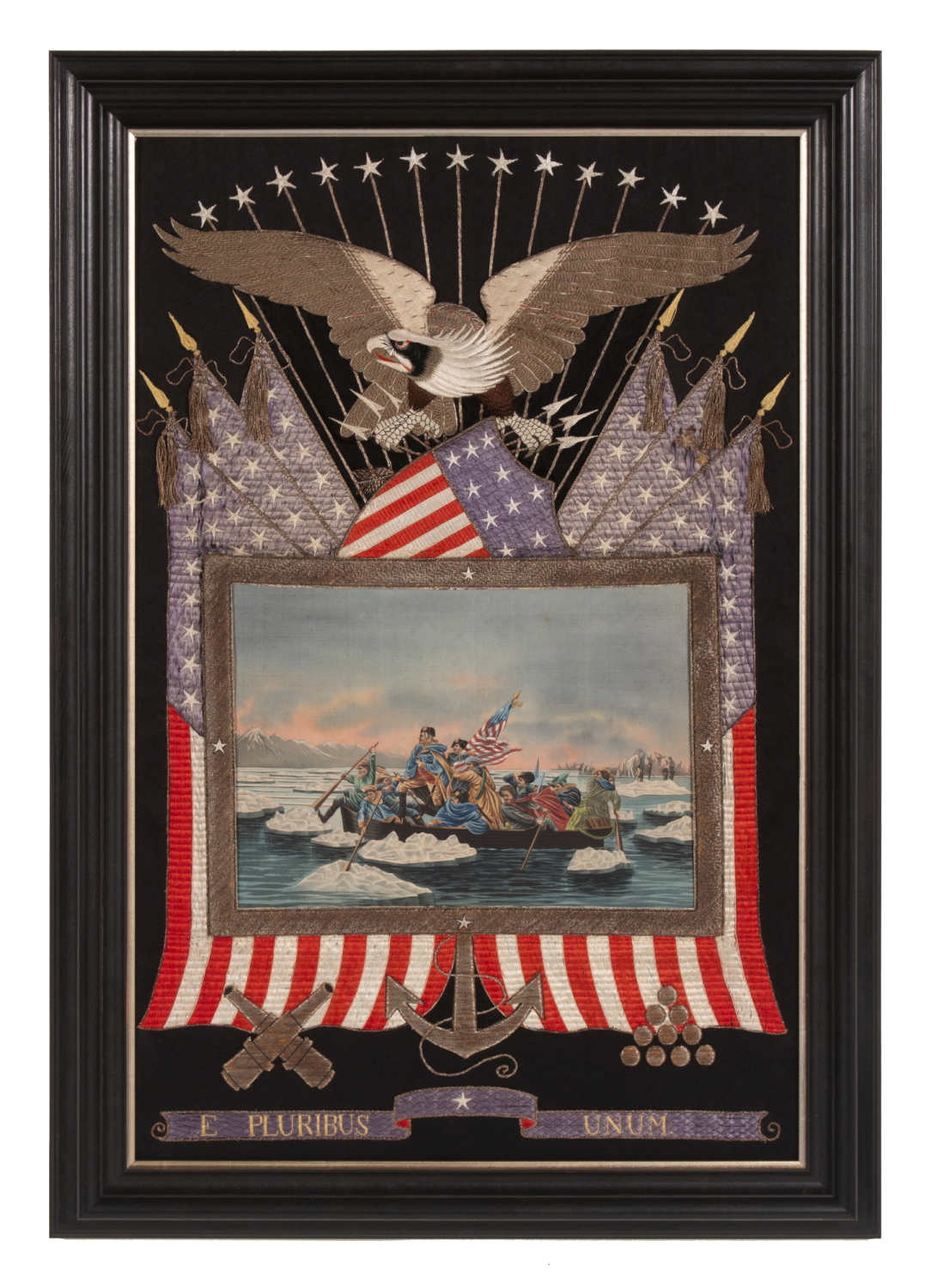 ELABORATE SAILOR’S SOUVENIR EMBROIDERY FROM THE ORIENT WITH A BEAUTIFUL HAND-PAINTED IMAGE OF WASHINGTON CROSSING THE DELAWARE, SURROUNDED BY A LARGE EAGLE, FEDERAL SHIELD, CROSSED FLAGS, A CANNON, CANNONBALLS, AND ANCHOR, circa 1885-1910