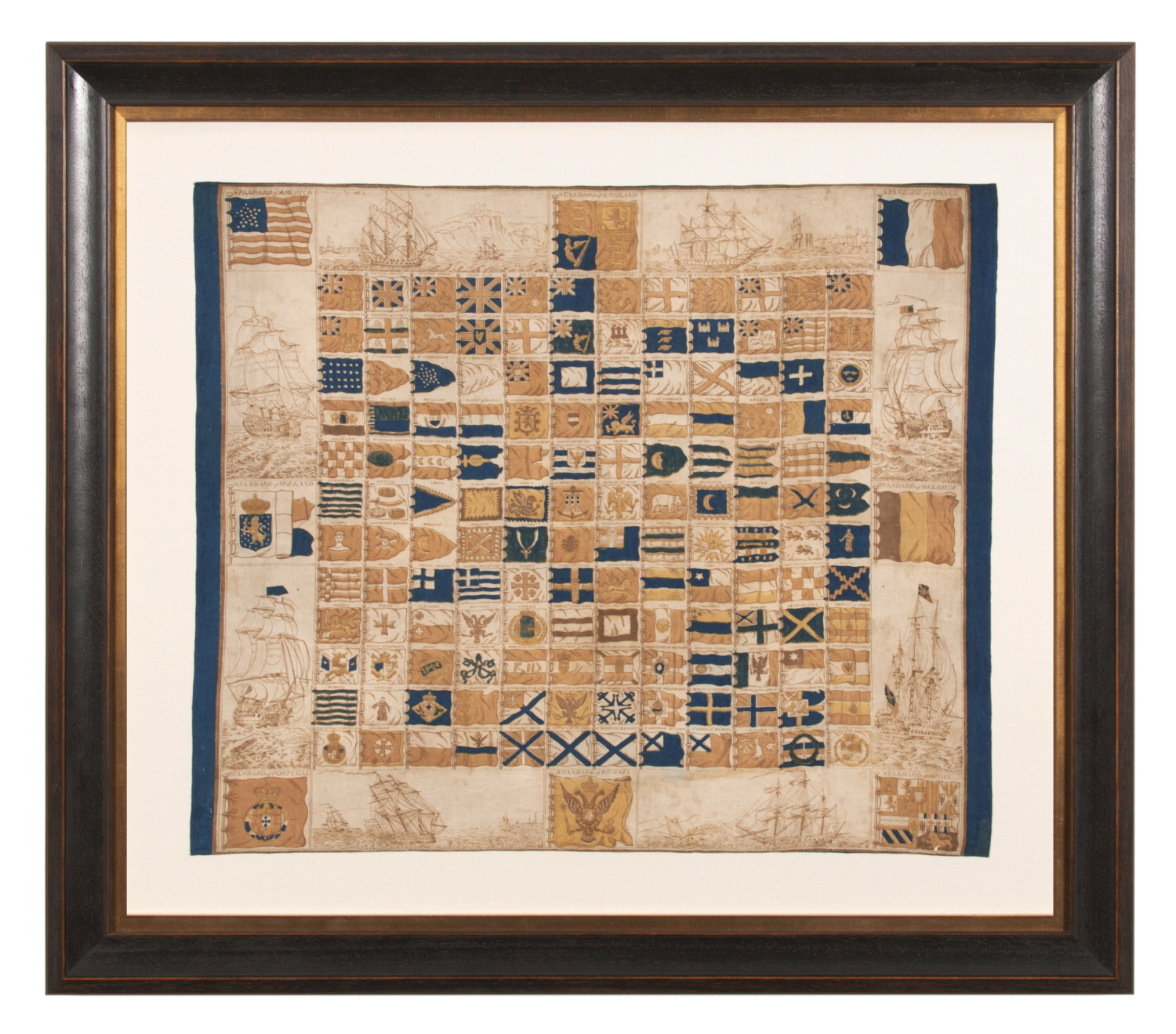 EXTREMELY EARLY KERCHIEF WITH A CHART OF 152 INTERNATIONAL MARITME FLAGS, PRINTED ON CLOTH, circa 1837-1845, WITH A 26 STAR AMERICAN FLAG AT THE TOP LEFT