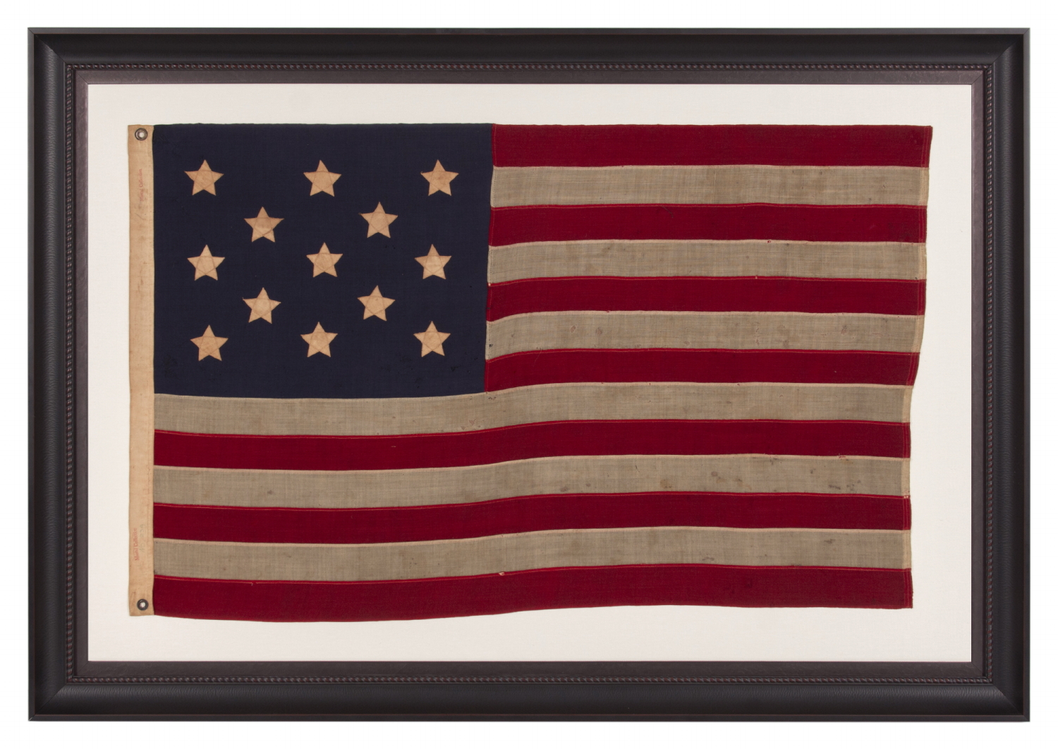 13 STARS WITH SHORT, CONICAL ARMS ON A SMALL SCALE, ANTIQUE AMERICAN FLAG MADE DURING THE LAST DECADE F THE 19TH CENTURY; POSSIBLY OF PHILADELPHIA ORIGIN; FORMERLY IN THE COLLECTION OF BOLESLAW & MARIE D'OTRANGE MASTAI, THE FIRST MAJOR COLLECTORS TO PUBLISH A PICTORIAL REFERENCE (KNOPF, NEW YORK, 1973):