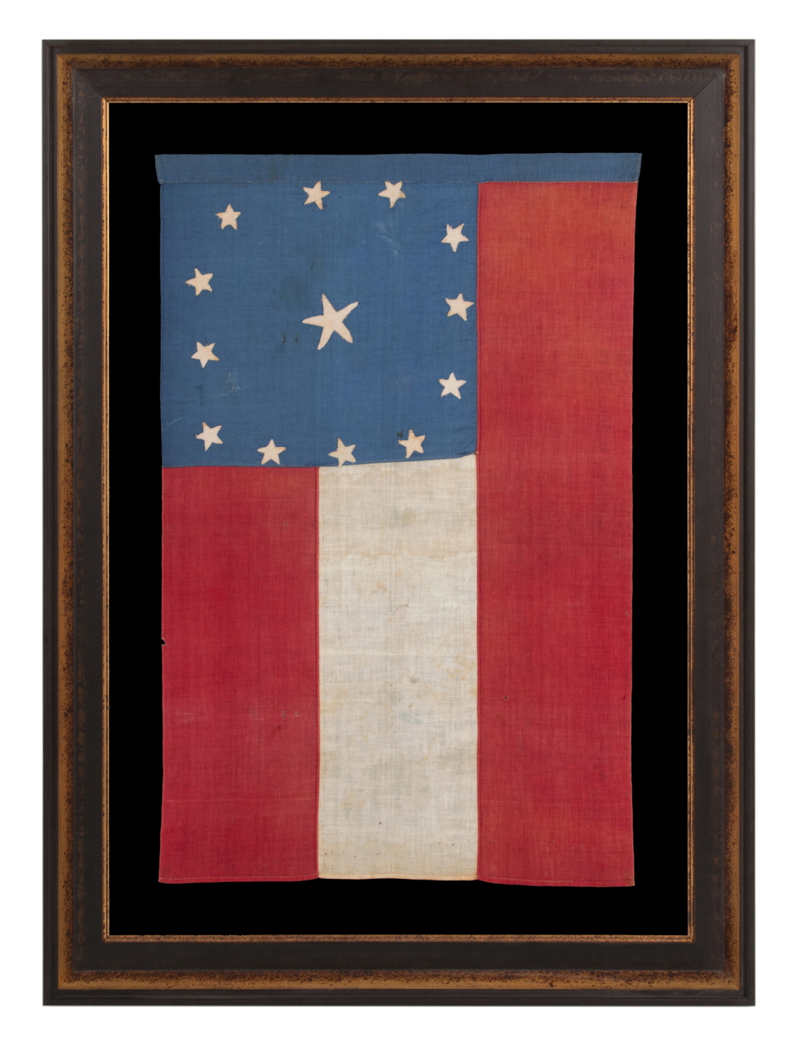 CIVIL WAR PERIOD CONFEDERATE FLAG IN THE FIRST NATIONAL PATTERN (a.k.a., STARS & BARS), HOMEMADE & ENTIRELY HAND-SEWN, WITH 13 STARS ARRANGED IN A WIDELY DISPURSED WREAT OF 12, WITH A LARGE, STARFISH-SHAPED CENTER STAR, ON A CANTON OF BLUE COTTON CHINTZ, DEC. 1861 – JUNE 1863