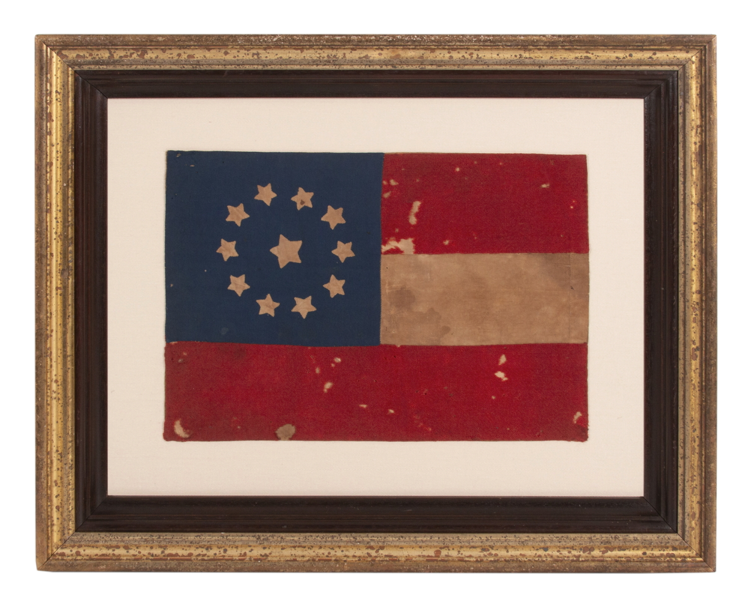 CONFEDERATE FIRST NATIONAL PATTERN FLAG (a.k.a., STARS & BARS) WITH 11 STARS, IN A TINY SIZE AMONG THOSE WITH PIECED AND SEWN CONSTRUCTION, A HOMEMADE, CIVIL WAR-PERIOD FLAG, FOUND IN GREATER BALTIMORE, LIKELY DISPLAYED FROM A PODIUM, PARADE FLOAT, CARRIAGE, OR STOREFRONT, circa MAY – NOV., 1861