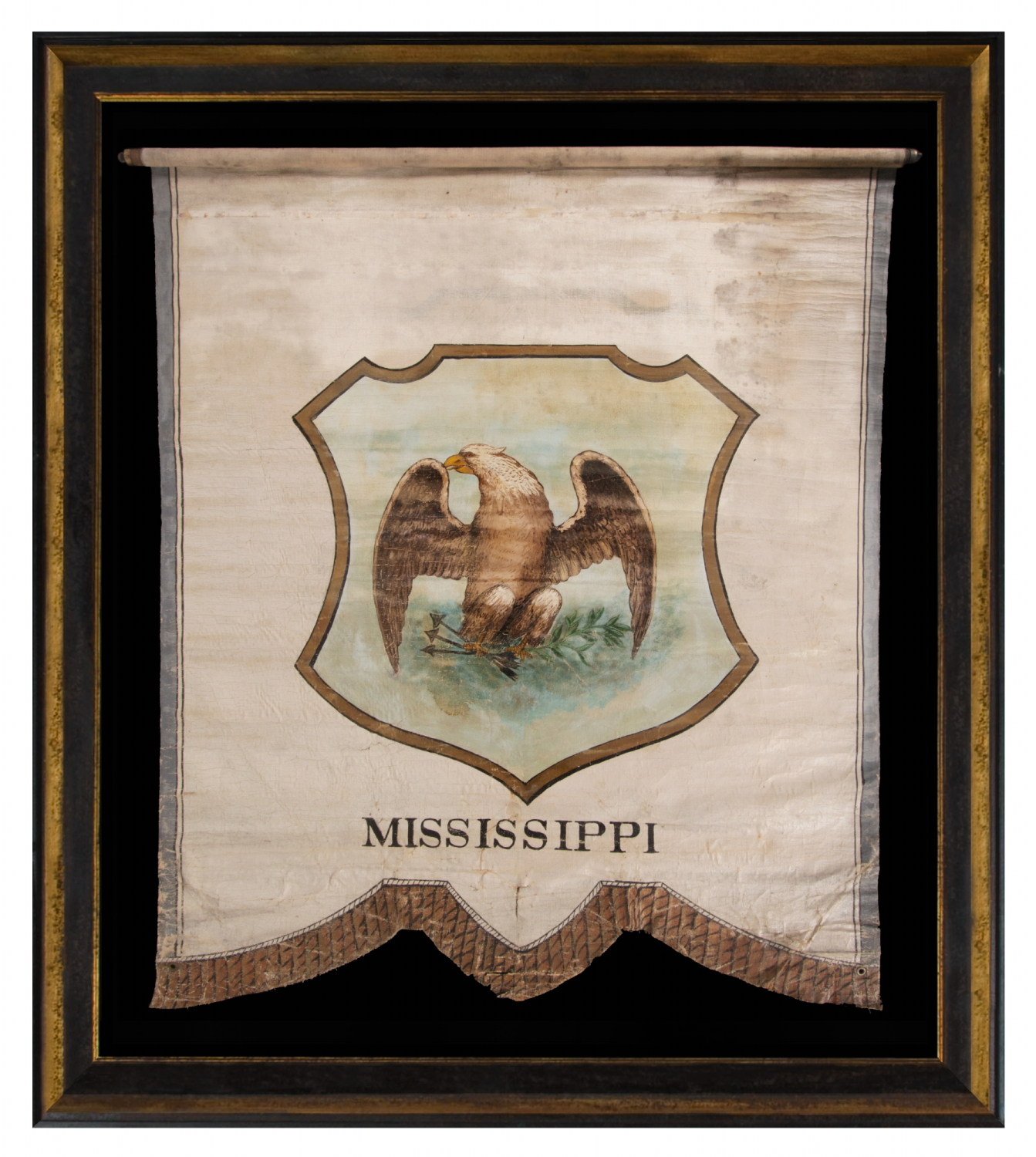 UNIQUE, HAND-PAINTED BANNER WITH THE SEAL OF THE STATE OF MISSISSIPPI, LIKELY HAVING REPRESENTED DELEGATES FROM THAT STATE AT THE 1872 REPUBLICAN OR DEMOCRAT NATIONAL CONVENTION [SIMILAR EXAMPLES IDENTIFIED AT BOTH]