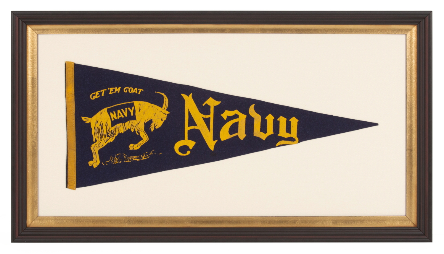 UNITED STATES NAVAL ACADEMY PENNANT WITH "BILL THE GOAT" MASCOT AND WHIMSICAL LETTERING, circa 1930-1950’s