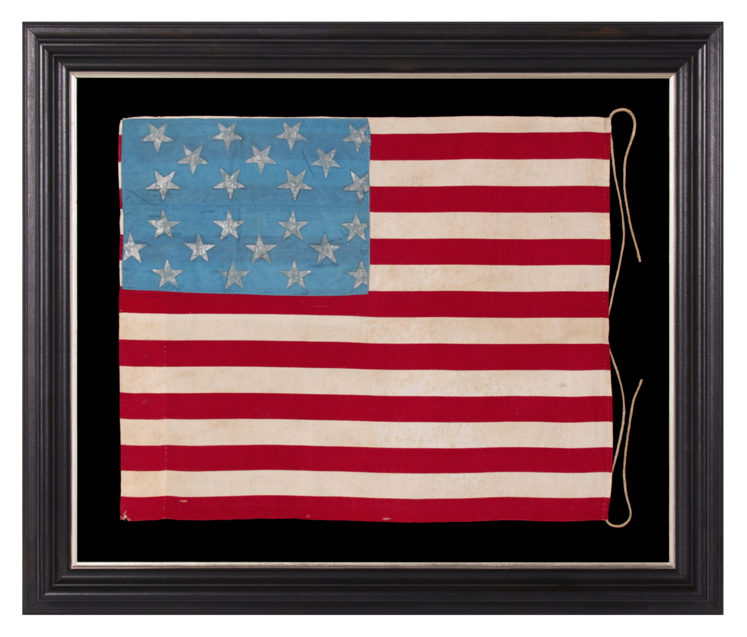 WWII LIBERATION FLAG w/ 23 SILVER GILT STARS ON A CORNFLOWER BLUE CANTON & 16 STRIPES, MADE TO WELCOME U.S. TROOPS IN FRANCE FOLLOWING LIBERATION FROM THE GERMANS IN THE WAKE OF THE 1944 NORMANDY INVASION; FOUND IN BRITTANY, IN LE CONQUET, THE WESTERNMOST TOWN ON THE FRENCH MAINLAND, LIBERATED BY THE FREE FRENCH & THE 5TH ARMY RANGER BATTALION