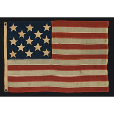 13 HAND-SEWN, SINGLE-APPLIQUED  STARS, MADE BY ANNIN & CO. IN NEW YORK CITY, A RARE, TINY SIZE AMONG KNOWN FLAGS WITH SEWN CONSTRUCTION, 1863 -1876