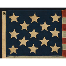 13 HAND-SEWN, SINGLE-APPLIQUED  STARS, MADE BY ANNIN & CO. IN NEW YORK CITY, A RARE, TINY SIZE AMONG KNOWN FLAGS WITH SEWN CONSTRUCTION, 1863 -1876