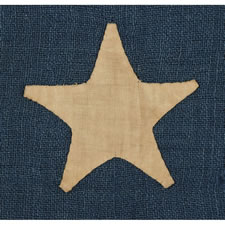 13 HAND-SEWN STARS IN A MEDALLION PATTERN ON A SMALL SCALE FLAG OF THE 1876 CENTENNIAL ERA, WITH A PRUSSIAN BLUE CANTON AND AN ATTRACTIVE PRESENTATION