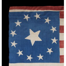 13 STARS AND 17 STRIPES ON AN EXTRAORDINARY FLAG MADE FOR THE 1840 PRESIDENTIAL CAMPAIGN OF WILLIAM HENRY HARRISON, WITH THE INCLUSION OF A STUNNING, 3-COLOR PORTRAIT MEDALLION IN VIOLET, CHEDDAR YELLOW, AND BLACK; AMONG THE EARLIEST OF ALL PRINTED FLAGS KNOWN TO EXIST, AND REPRESENTING THE VERY F