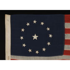 13 STARS IN THE 3rd MARYLAND PATTERN ON A CIVIL WAR ERA FLAG WITH THE SMALLEST HAND-APPLIQUÉD STARS THAT I HAVE EVER SEEN ON A WOOL EXAMPLE OF THE 19TH CENTURY