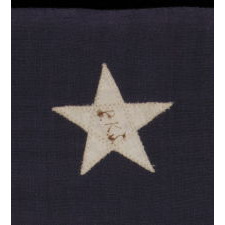 13 STARS ARRANGED IN A 3-2-3-2-3 PATTERN ON A SMALL-SCALE ANTIQUE AMERICAN FLAG MARKED "UNITED STATES ARMY STANDARD BUNTING", CA 1896 - 1908