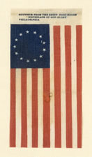 13 STARS IN THE BETSY ROSS WREATH CONFIGURATION, ONE OF THE VERY FIRST PRINTED FLAGS TO APPEAR IN THIS STYLE, A SOUVENIR OF THE BETSY ROSS HOUSE, PHILADELPHIA, 1898-1915