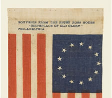 13 STARS IN THE BETSY ROSS WREATH CONFIGURATION, ONE OF THE VERY FIRST PRINTED FLAGS TO APPEAR IN THIS STYLE, A SOUVENIR OF THE BETSY ROSS HOUSE, PHILADELPHIA, 1898-1915