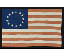 13 STARS, BETSY ROSS WREATH-STYLE CONFIGURATION, 1898-1926, A WHIMSICAL HOMEMADE FLAG WITH ATTRACTIVE, PERSIMMON ORANGE STRIPES