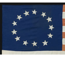 13 STARS, BETSY ROSS WREATH-STYLE CONFIGURATION, 1898-1926, A WHIMSICAL HOMEMADE FLAG WITH ATTRACTIVE, PERSIMMON ORANGE STRIPES