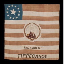 13 STARS ON A FLAG MADE FOR THE 1840 PRESIDENTIAL CAMPAIGN OF WILLIAM HENRY HARRISON, WITH THE INCLUSION OF A THREE-COLOR PORTRAIT MEDALLION, IN VIOLET , GOLD, AND BLACK; AMONG THE EARLIEST OF ALL PRINTED FLAGS KNOWN TO EXIST; REFLECTS THE VERY FIRST NOMINEE FOR WHOM PRESIDENTIAL CAMPAIGN PARADE FLAGS WERE MADE