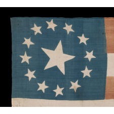 13 STARS ON A FLAG MADE FOR THE 1840 PRESIDENTIAL CAMPAIGN OF WILLIAM HENRY HARRISON, WITH THE INCLUSION OF A THREE-COLOR PORTRAIT MEDALLION, IN VIOLET , GOLD, AND BLACK; AMONG THE EARLIEST OF ALL PRINTED FLAGS KNOWN TO EXIST; REFLECTS THE VERY FIRST NOMINEE FOR WHOM PRESIDENTIAL CAMPAIGN PARADE FLAGS WERE MADE