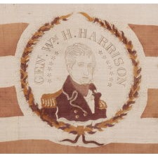 13 STARS ON A FLAG MADE FOR THE 1840 PRESIDENTIAL CAMPAIGN OF WILLIAM HENRY HARRISON, WITH THE INCLUSION OF A THREE-COLOR PORTRAIT MEDALLION, IN VIOLET , GOLD, AND BLACK; AMONG THE EARLIEST OF ALL PRINTED FLAGS KNOWN TO EXIST; REFLECTS THE VERY FIRST NOMINEE FOR WHOM PRESIDENTIAL CAMPAIGN PARADE FLAGS WERE MADE