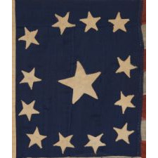 13 STARS IN A VARIATION OF A VERY RARE CONFIGURATION CALLED THE "TRUMBULL PATTERN", NAMED BECAUSE OF THE USE OF FLAGS IN THIS BASIC DESIGN-A SQUARE OF STARS SURROUNDING A SINGLE CENTER STAR-IN THREE OF JOHN TRUMBULL'S 18TH CENTURY PAINTINGS OF HIS COMMANDER, GEORGE WASHINGTON, ca 1830-1850's