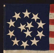 13 STARS IN WREATH PATTERN WITH 3 CENTER STARS, ONE OF THE MOST RARE 13 STAR FLAG DESIGNS KNOWN TO EXIST, MADE BY C.C. FULLER, WORCESTER, MASS., 1890-1900