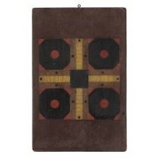 19TH CENTURY AMERICAN PARCHEESI BOARD IN FOUR COLORS, WITH GREAT SURFACE AND INTERESTING GRAPHICS, CA 1850-70