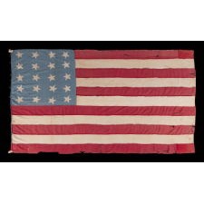 20 STARS AND 11 STRIPES ON AN ANTIQUE AMERICAN FLAG OF THE CIVIL WAR PERIOD, HOMEMADE AND ENTIRELY-HAND-SEWN, WITH ITS LIGHT BLUE CANTON RESTING ON THE WAR STRIPE; PROBABLY MADE TO COMMEMORATE THE DECEMBER 10TH, 1817 ADDITION OF MISSISSIPPI AS THE 20TH STATE, AND THE COUNT OF 11 STATES THAT SECEDED FROM THE UNION BETWEEN DECEMBER OF 1860 AND JUNE OF 1861