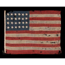 24 STAR ANTIQUE AMERICAN FLAG, MADE IN THE PERIOD WHEN MISSOURI WAS THE MOST RECENT STATE TO JOIN THE UNION, 1821-1836, EXTRAORDINARILY RARE, WITH ITS CANTON RESTING ON THE “WAR STRIPE” OR “BLOOD STRIPE," AND IN A REMARKABLY TINY SCALE AMONG FLAGS OF THIS ERA