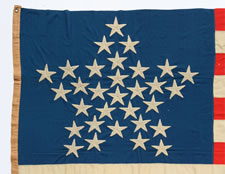 31 STAR FLAG, CALIFORNIA STATEHOOD, 1850-1858, WITH BEAUTIFUL, YARN-EMBROIDERED, WOOL STARS IN A "GREAT STAR" CONFIGURATION