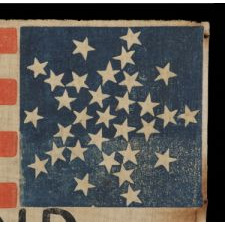 31 STARS ARRANGED IN A RARE VARIATION OF THE “GREAT STAR” PATTERN, WITH THE WORDS "RHODE ISLAND" PAINTED IN THE STRIPES, PART OF A SERIES OF THESE FLAGS, THOUGHT TO HAVE BEEN USED AT THE WIGWAM CONVENTION (THE 1860 REPUBLICAN NATIONAL CONVENTION) IN C