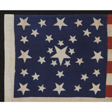 31 STARS IN A FANCIFUL STARBURST OR "GREAT STAR-IN-A-SQUARE", ONE OF THE MOST RARE AND INTERESTING CONFIGURATIONS THAT A COLLECTOR CAN ENCOUNTER, ON A PRE-CIVIL WAR PARADE FLAG, CALIFORNIA STATEHOOD, 1850-1858