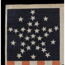 31 STARS IN A VARIATION OF THE "GREAT STAR" PATTERN, MADE FOR THE 1856 PRESIDENTIAL CAMPAIGN OF JOHN FRÉMONT & WILLIAM DAYTON WITH DIAGONAL OVERPRINTED TEXT. FRÉMONT OPENED THE GATEWAY TO CALIFORNIA STATEHOOD AND WAS THE REPUBLICAN PARTY’S FIRST PRESIDENTIAL CANDIDATE: