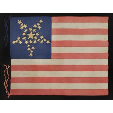 33 GILT-PAINTED STARS IN THREE DIFFERENT SIZES, ARRANGED IN AN INVERTED "GREAT STAR" PATTERN, ON AN ENTIRELY SILK FLAG; AN EXTRAORDINARY EXAMPLE, PROBABLY MADE FOR A STATE MILITIA UNIT, PRE-CIVIL WAR THROUGH WAR PERIOD, 1859-1861, OREGON STATEHOOD