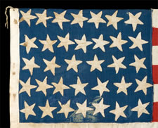 34 HAND-SEWN STARS ON A CIVIL WAR PERIOD FLAG WITH 12 STRIPES, POSSIBLY TO EXCLUDE SOUTH CAROLINA, 1861-1863, A SMALL, HOMEMADE EXAMPLE WITH NICE FOLK QUALITIES