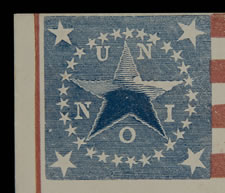 34 STAR AMERICAN FLAG COVER WITH A SINGLE WREATH STAR PATTERN, A HUGE CENTER STAR, AND THE LETTERS U-N-I-O-N DISTRIBUTED BETWEEN THE ARMS OF THE CENTER STAR, 1861-63, CIVIL WAR PERIOD