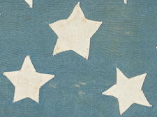 34 STAR CIVIL WAR FLAG with TWO SIZES OF DIFFERENTLY SHAPED STARS in ROWS on a CORNFLOWER BLUE CANTON, ENTIRELY HAND-SEWN