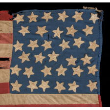 34 STAR, HAND-SEWN, HOMEMADE, ANTIQUE AMERICAN FLAG OF THE CIVIL WAR PERIOD, MADE OF A COMBINATION OF SALVAGED FABRICS, INCLUDING MENS' SHIRTING, 1861-1863, OPENING YEARS OF THE WAR, REFLECTS THE ADDITION OF KANSAS