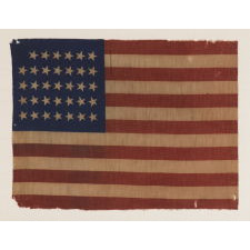 34 STARS, CIVIL WAR PERIOD, PRINTED ON A WOOL BLENDED FABRIC, RARE NOTCHED DESIGN WITH TILTED STARS, POSSIBLY A UNION ARMY CAMP COLORS