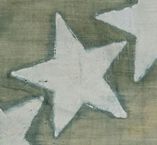 34 STARS IN A CROSS MEDALLION PATTERN THAT IS UNIQUE TO THIS FLAG, CIVIL WAR PERIOD, 1861-63 ENTIRELY HAND-SEWN, WITH WHITE-PAINTED STARS