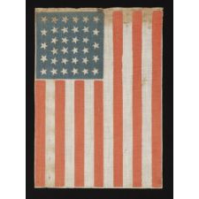 34 STARS, WITH SCATTERED POSITIONING, ON AN ANTIQUE AMERICAN PARADE FLAG MADE DURING THE OPENING TWO YEARS OF THE CIVIL WAR, 1861-63, KANSAS STATEHOOD