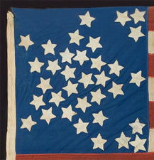 34 STARS IN A VARIATION OF THE "GREAT STAR" CONFIGURATION, CANTON RESTING ON THE WAR STRIPE, PROBABLY A CIVIL WAR PRESENTATION BATTLE FLAG, 1861-63