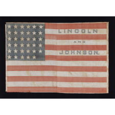 35 STARS IN A NOTCHED PATTERN ON A FLAG MADE FOR THE 1864 PRESIDENTIAL CAMPAIGN OF ABRAHAM LINCOLN & ANDREW JOHNSON; A MONUMENTAL EXAMPLE AND THE SECOND TO THE LARGEST KNOWN AMONG ALL CAMPAIGN PARADE FLAGS OF THE 19TH CENTURY, ACROSS ALL ELECTIONS