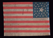 35 STARS, USED IN THE 1868 PRESIDENTIAL CAMPAIGN OF ULYSSES S. GRANT, A RARE, MEDALLION PATTERN PARADE FLAG WITH A LARGE, PIE-CUT CENTER STAR AND TWO STARS IN EACH CORNER, PRODUCED IN THE CIVIL WAR PERIOD, 1863-65