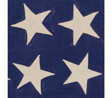 36 STARS ON A BEAUTIFUL GLAZED COTTON CANTON (COTTON CHINTZ), ENTIRELY HAND-SEWN, CIVIL WAR ERA, 1864-1867, IN A GREAT, SMALL SIZE, A HOMEMADE EXAMPLE