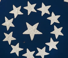 36 STARS IN A MEDALLION CONFIGURATION ON AN ENTIRELY HAND-SEWN FLAG WITH A BEAUTIFULLY ELONGATED FORMAT, CIVIL WAR ERA, 1864-67, NEVADA STATEHOOD