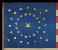 37 GILT-PAINTED STARS IN A CIRCULAR MEDALLION ON A SILK, INDIAN WARS / RECONSTRUCTION ERA BATTLE FLAG, 1867-1876, NEBRASKA STATEHOOD