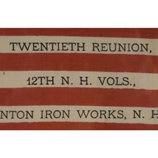 38 STAR ANTIQUE FLAG WITH A RARE AND BEAUTIFUL VARIATION OF THE "GREAT STAR" OR "GREAT LUMINARY" PATTERN, AN EXAMPLE OF EXTRAORDINARY QUALITY, MADE BY R.W. MUSGROVE IN BRISTOL, NEW HAMPSHIRE FOR AN 1885 REUNION OF THE 12th NH VOLUNTEERS