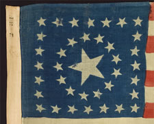 38 STAR FLAG WITH A VERY RARE CIRCLE-IN-A-SQUARE MEDALLION, SOLD BY HORSTMANN BROS. OF PHILADELPHIA, MADE FOR THE 1876 CENTENNIAL CELEBRATION